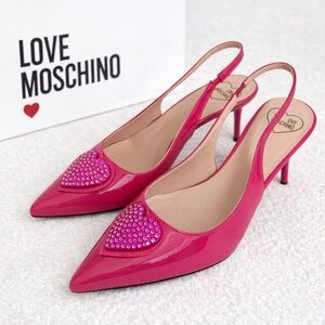 NWB Love Moschino Scarpad Spillo 70 Vern Fuxia Patent Leather Sling Back Pump